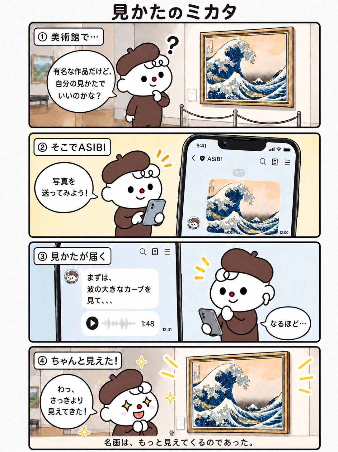 ASIBIの使い方を4コマで紹介。美術館で気になった作品を写真で送ると、見方が音声で届く。